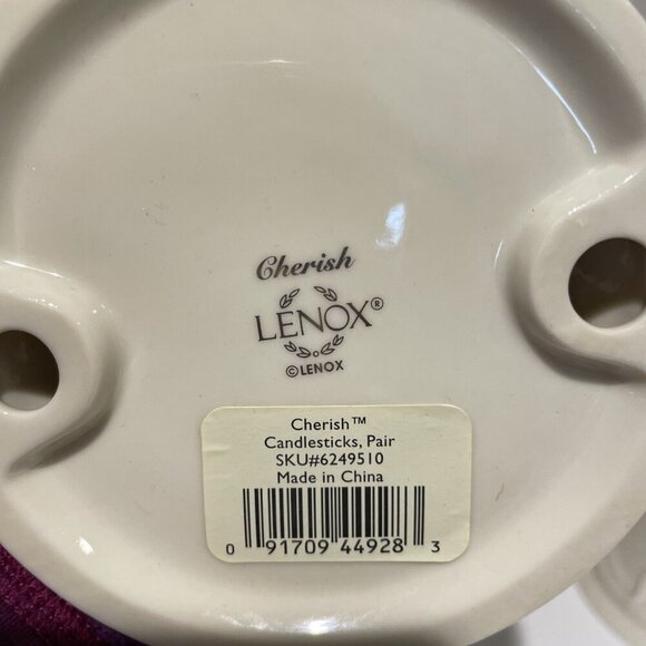 VTG Lenox CHERISH Porcelain Candlesticks Set of 2 Ivory Embossed Flowers Pearls - Picture 9 of 11